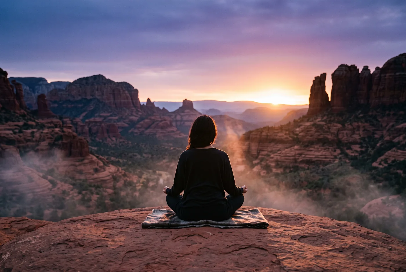 A person meditating at dawn on Sedona red rock